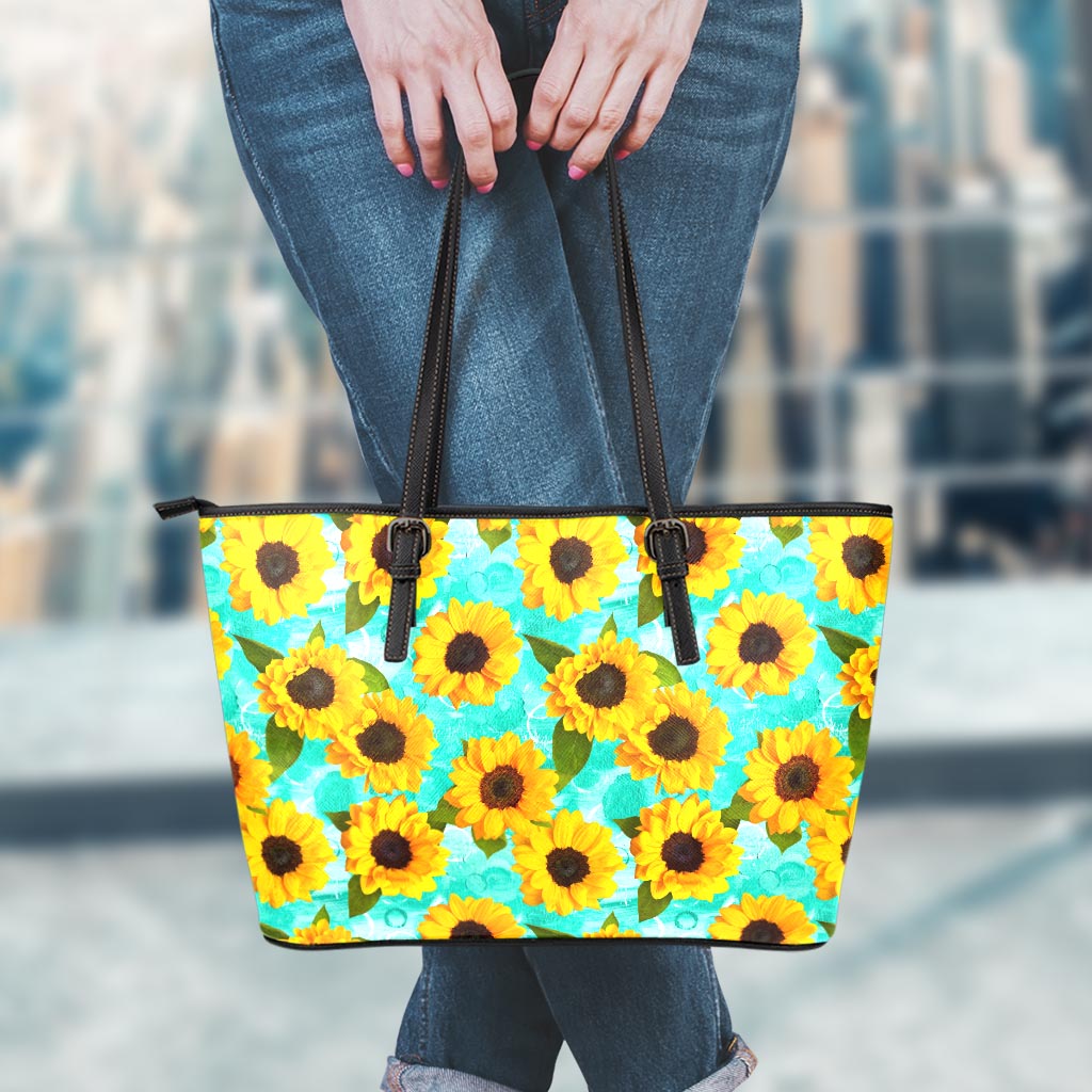 Bright Sunflower Pattern Print Leather Tote Bag