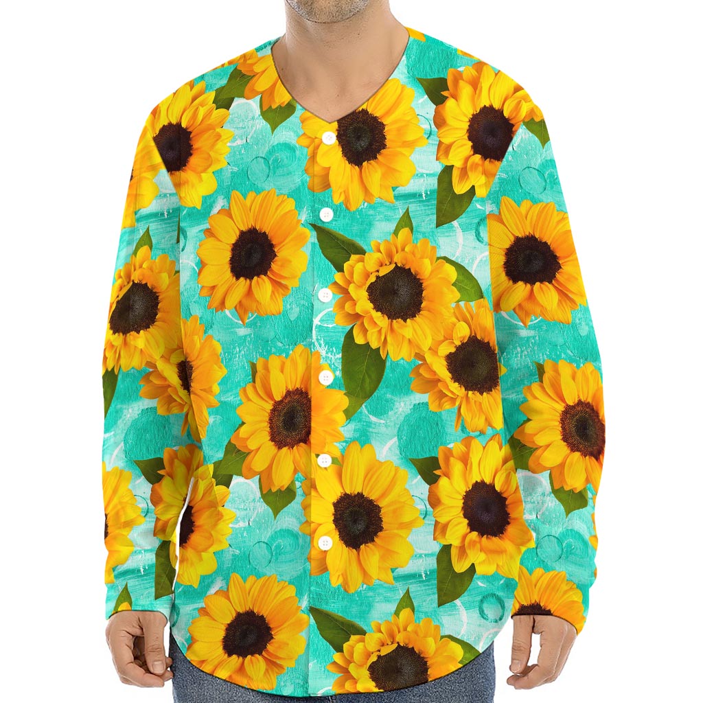 Bright Sunflower Pattern Print Long Sleeve Baseball Jersey