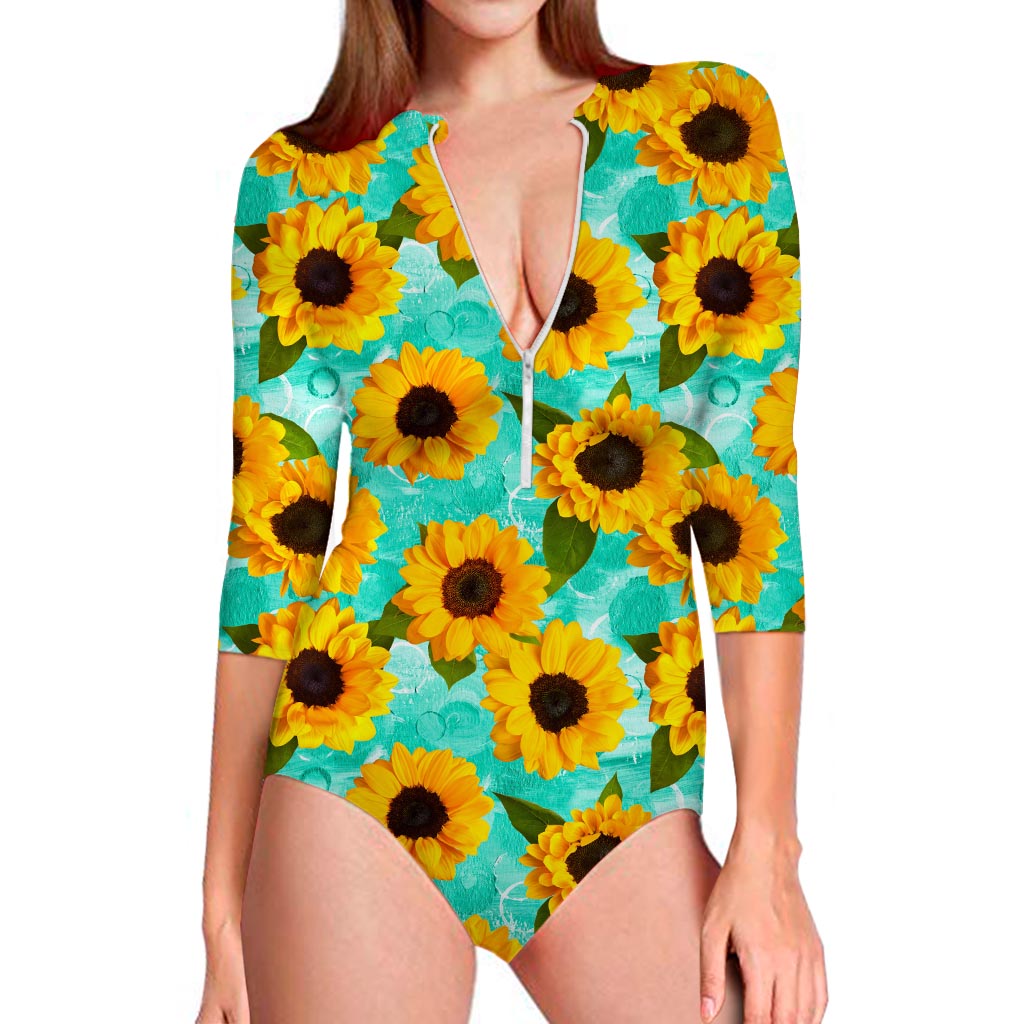 Bright Sunflower Pattern Print Long Sleeve Swimsuit