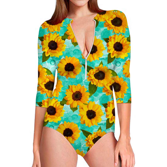 Bright Sunflower Pattern Print Long Sleeve Swimsuit