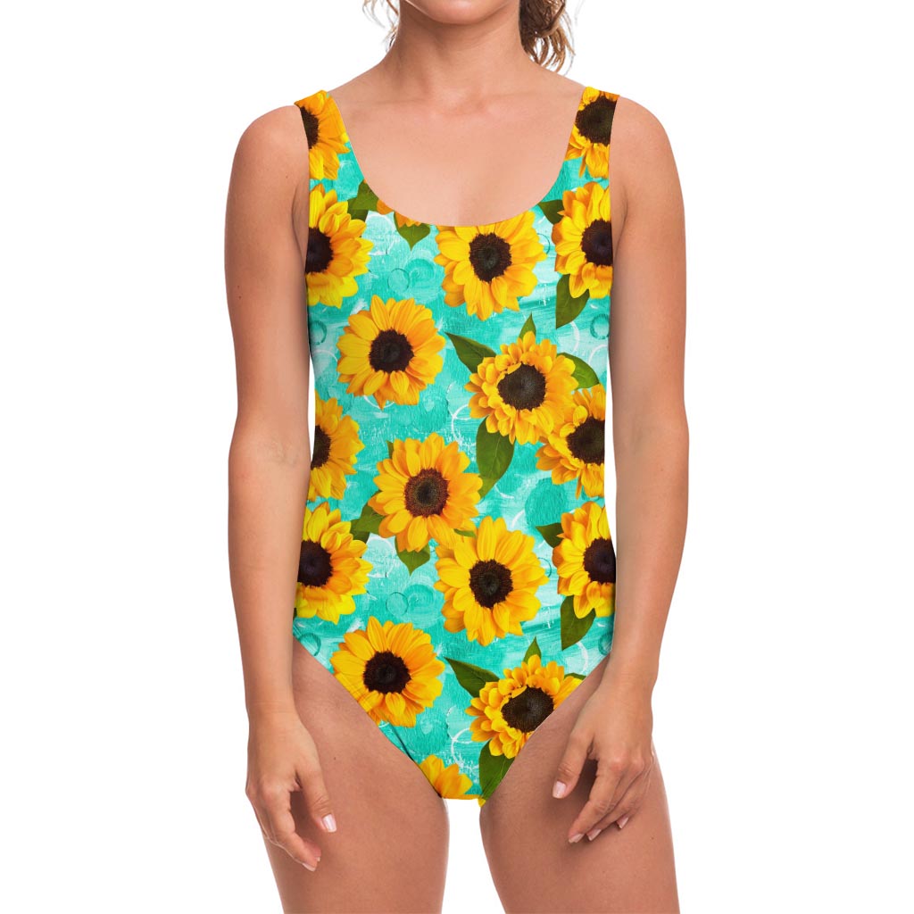 Bright Sunflower Pattern Print One Piece Swimsuit