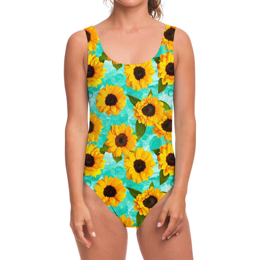 Bright Sunflower Pattern Print One Piece Swimsuit