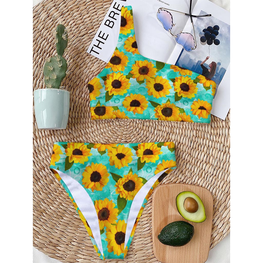 Bright Sunflower Pattern Print One Shoulder Bikini Top
