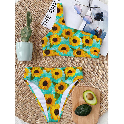 Bright Sunflower Pattern Print One Shoulder Bikini Top