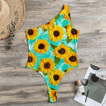 Bright Sunflower Pattern Print One Shoulder Bodysuit