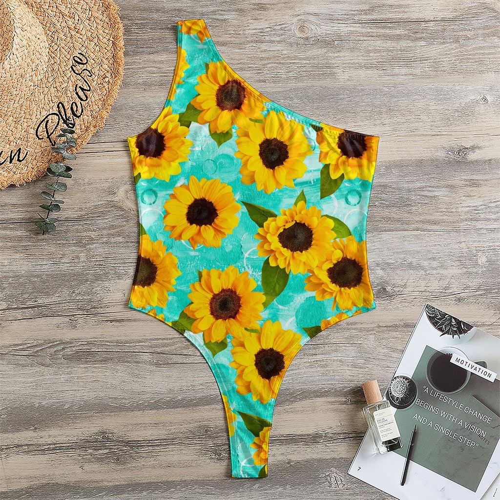 Bright Sunflower Pattern Print One Shoulder Bodysuit