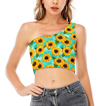 Bright Sunflower Pattern Print One Shoulder Crop Top