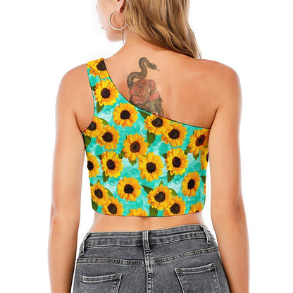 Bright Sunflower Pattern Print One Shoulder Crop Top