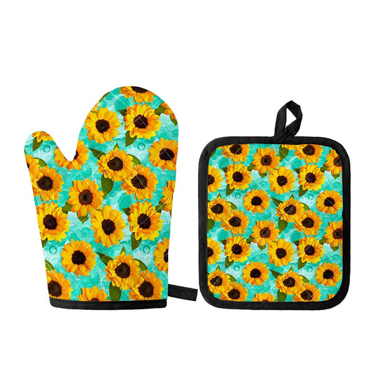 Bright Sunflower Pattern Print Oven Mitt And Pot Holder Set