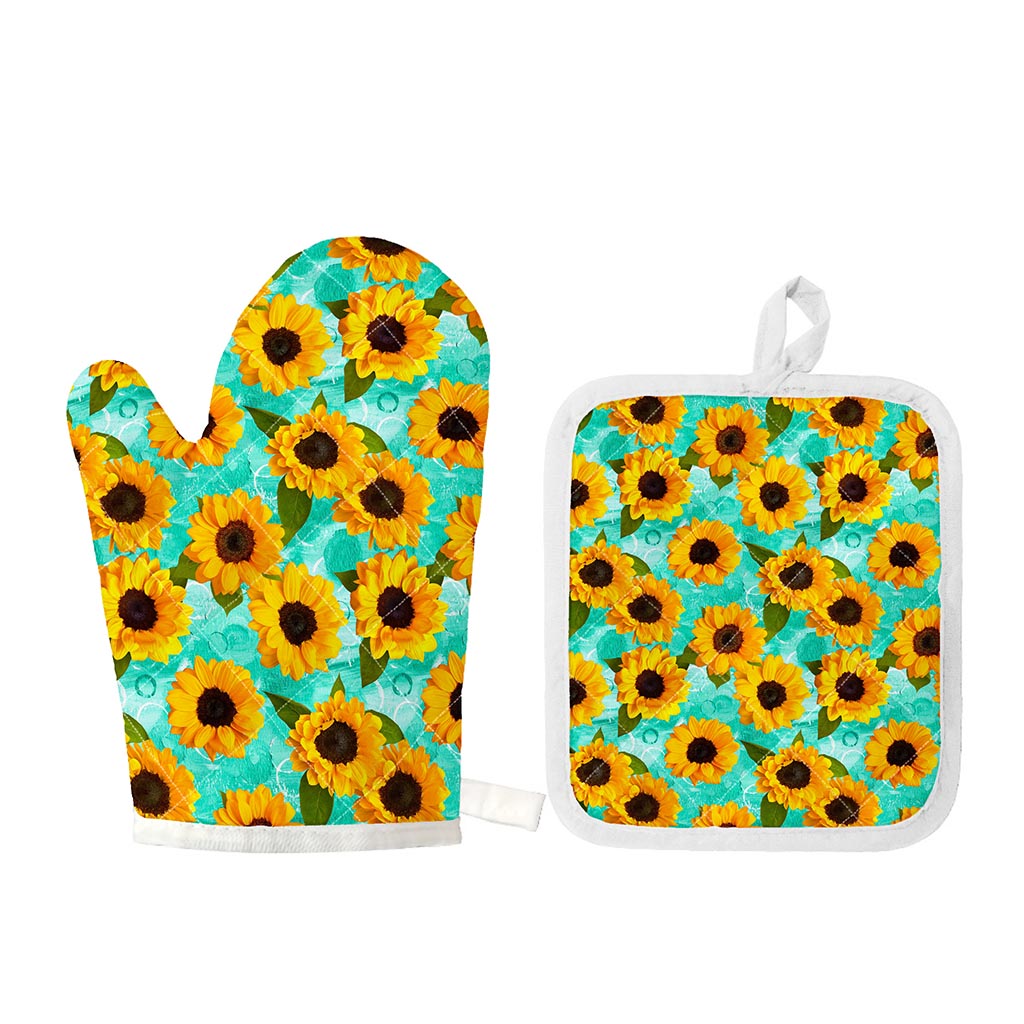 Bright Sunflower Pattern Print Oven Mitt And Pot Holder Set