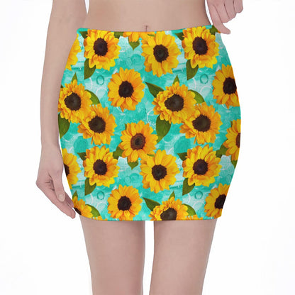 Bright Sunflower Pattern Print Pencil Mini Skirt