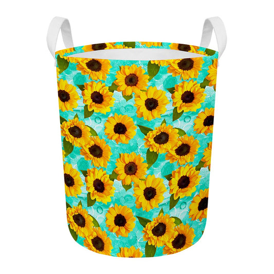 Bright Sunflower Pattern Print Round Laundry Basket
