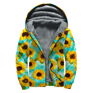 Bright Sunflower Pattern Print Sherpa Lined Zip Up Hoodie