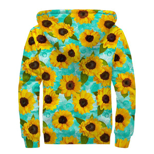 Bright Sunflower Pattern Print Sherpa Lined Zip Up Hoodie