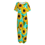 Bright Sunflower Pattern Print Short Sleeve Long Nightdress