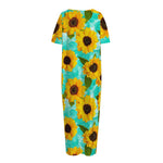 Bright Sunflower Pattern Print Short Sleeve Long Nightdress