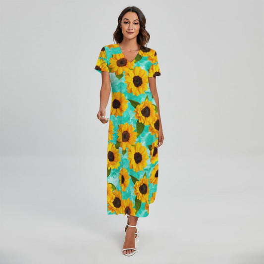 Bright Sunflower Pattern Print Short Sleeve Maxi Dress
