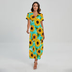 Bright Sunflower Pattern Print Short Sleeve Maxi Dress