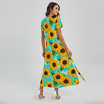 Bright Sunflower Pattern Print Short Sleeve Maxi Dress