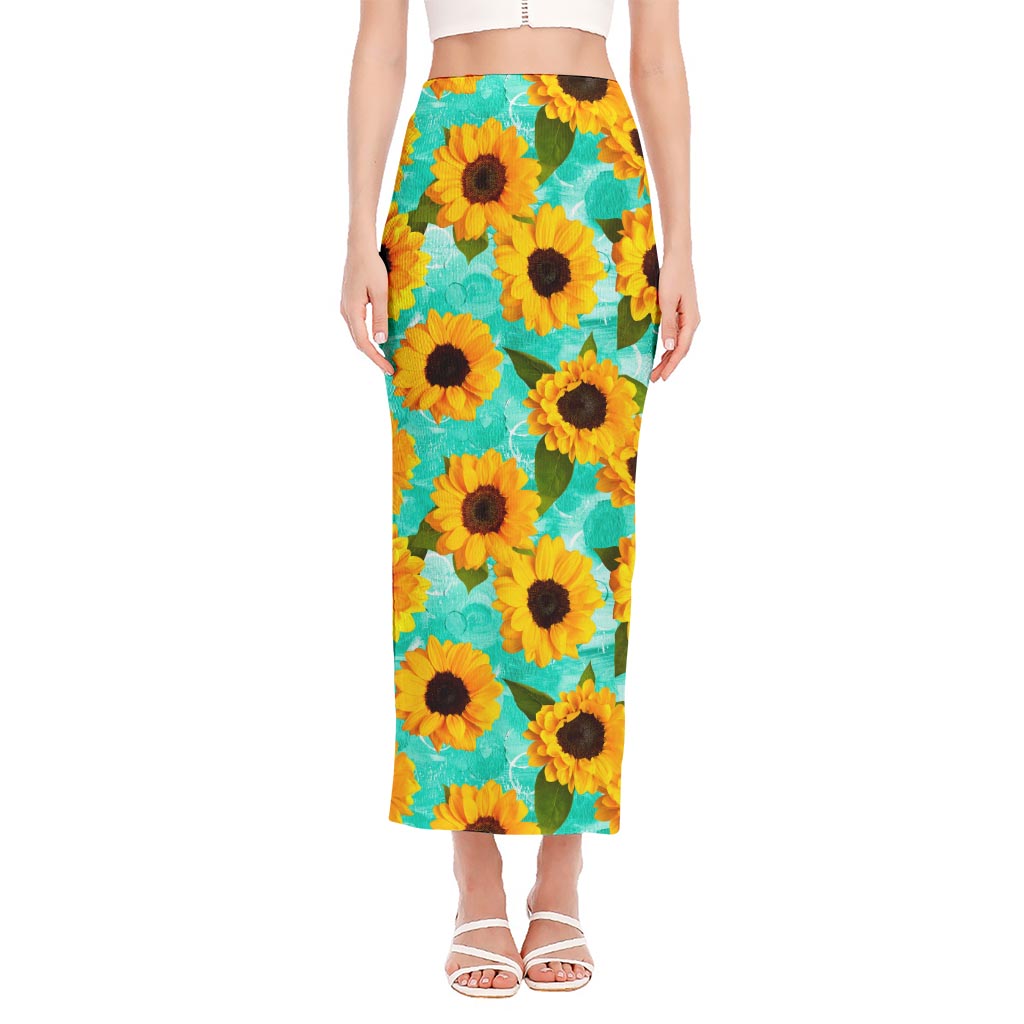 Bright Sunflower Pattern Print Side Slit Maxi Skirt