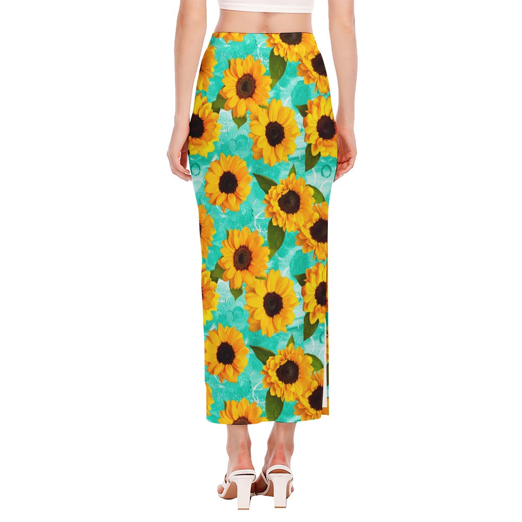Bright Sunflower Pattern Print Side Slit Maxi Skirt
