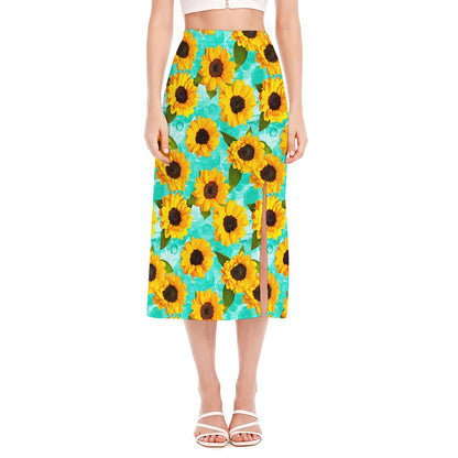 Bright Sunflower Pattern Print Side Slit Midi Skirt