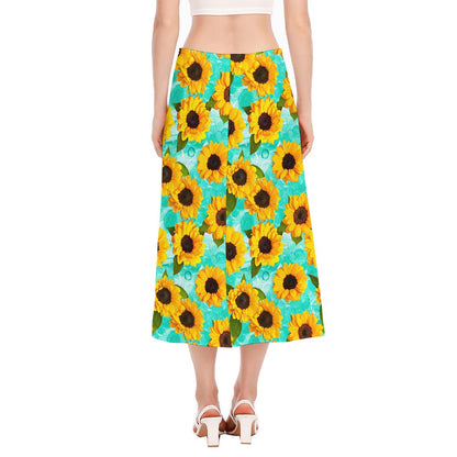 Bright Sunflower Pattern Print Side Slit Midi Skirt