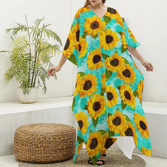 Bright Sunflower Pattern Print Silk V-Neck Kaftan Dress