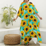 Bright Sunflower Pattern Print Silk V-Neck Kaftan Dress