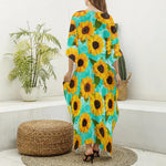 Bright Sunflower Pattern Print Silk V-Neck Kaftan Dress