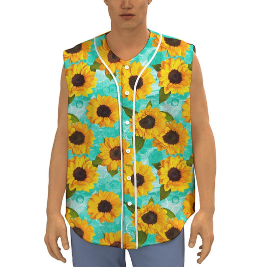 Bright Sunflower Pattern Print Sleeveless Baseball Jersey