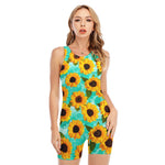 Bright Sunflower Pattern Print Sleeveless One Piece Swimsuit