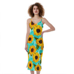 Bright Sunflower Pattern Print Slim Fit Midi Cami Dress