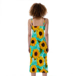 Bright Sunflower Pattern Print Slim Fit Midi Cami Dress