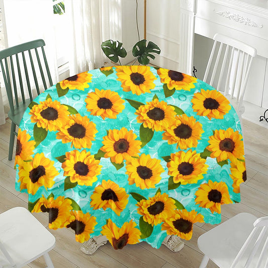 Bright Sunflower Pattern Print Waterproof Round Tablecloth