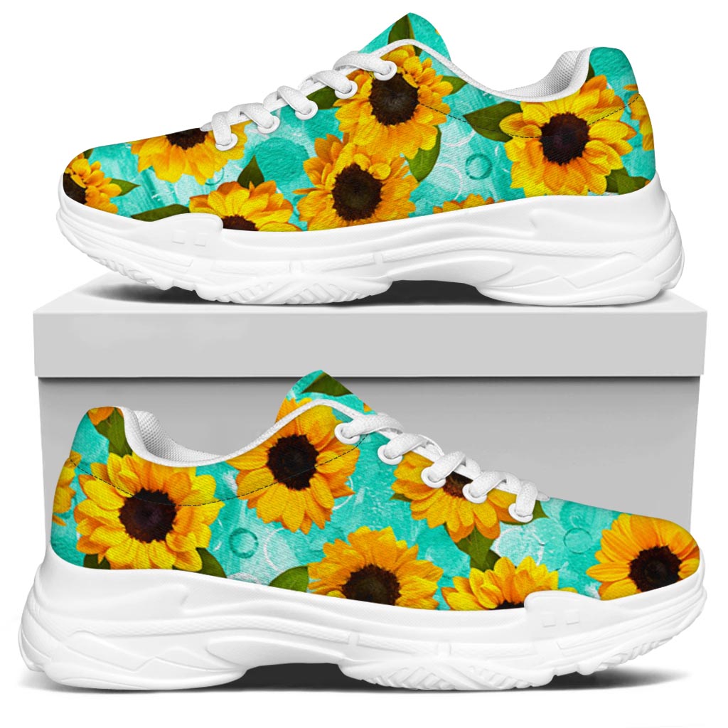 Bright Sunflower Pattern Print White Chunky Shoes