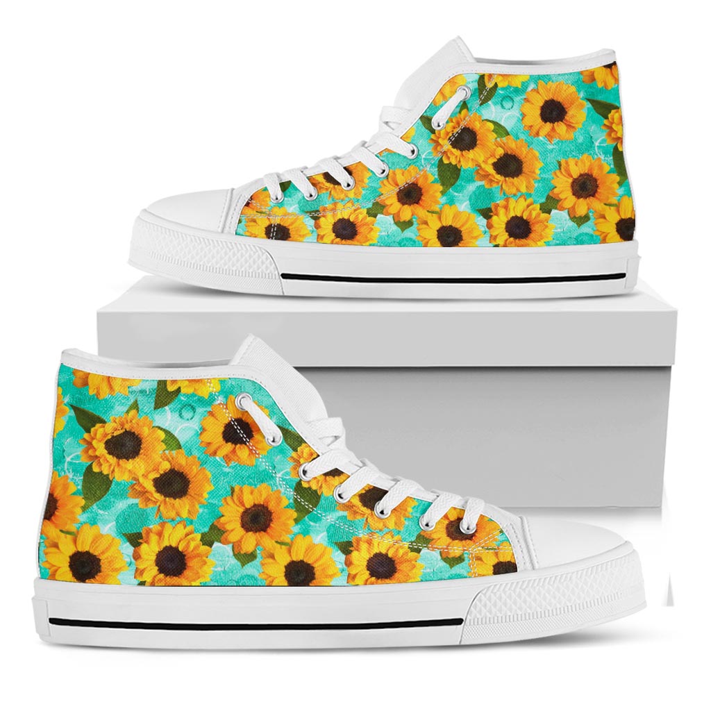 Bright Sunflower Pattern Print White High Top Sneakers