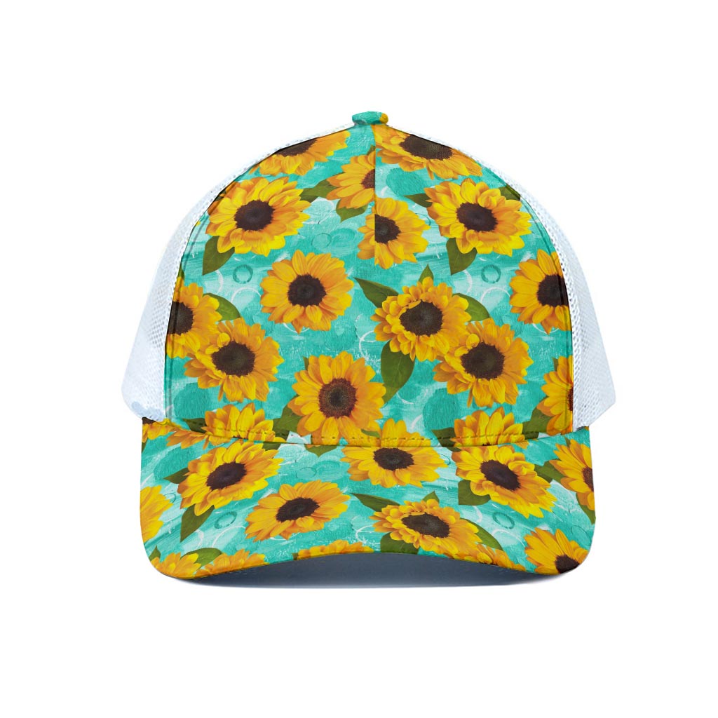 Bright Sunflower Pattern Print White Mesh Trucker Cap