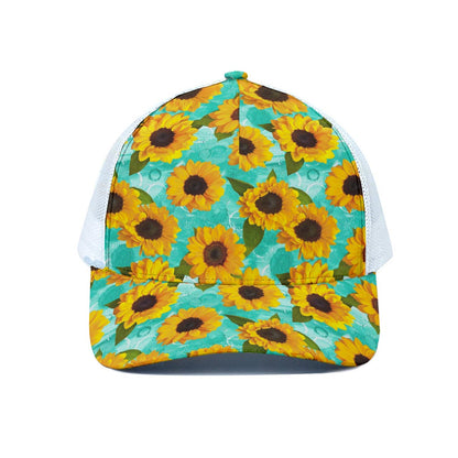 Bright Sunflower Pattern Print White Mesh Trucker Cap