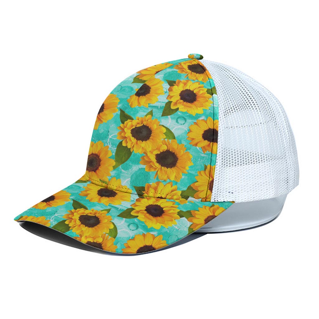 Bright Sunflower Pattern Print White Mesh Trucker Cap