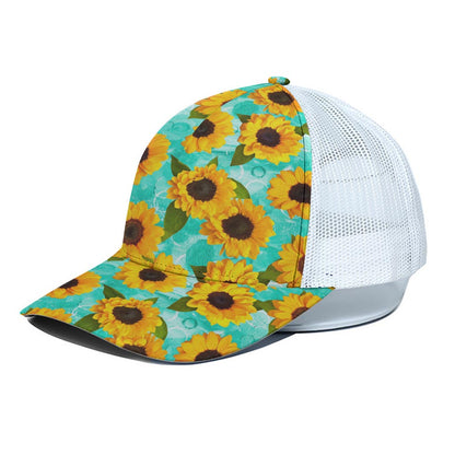 Bright Sunflower Pattern Print White Mesh Trucker Cap