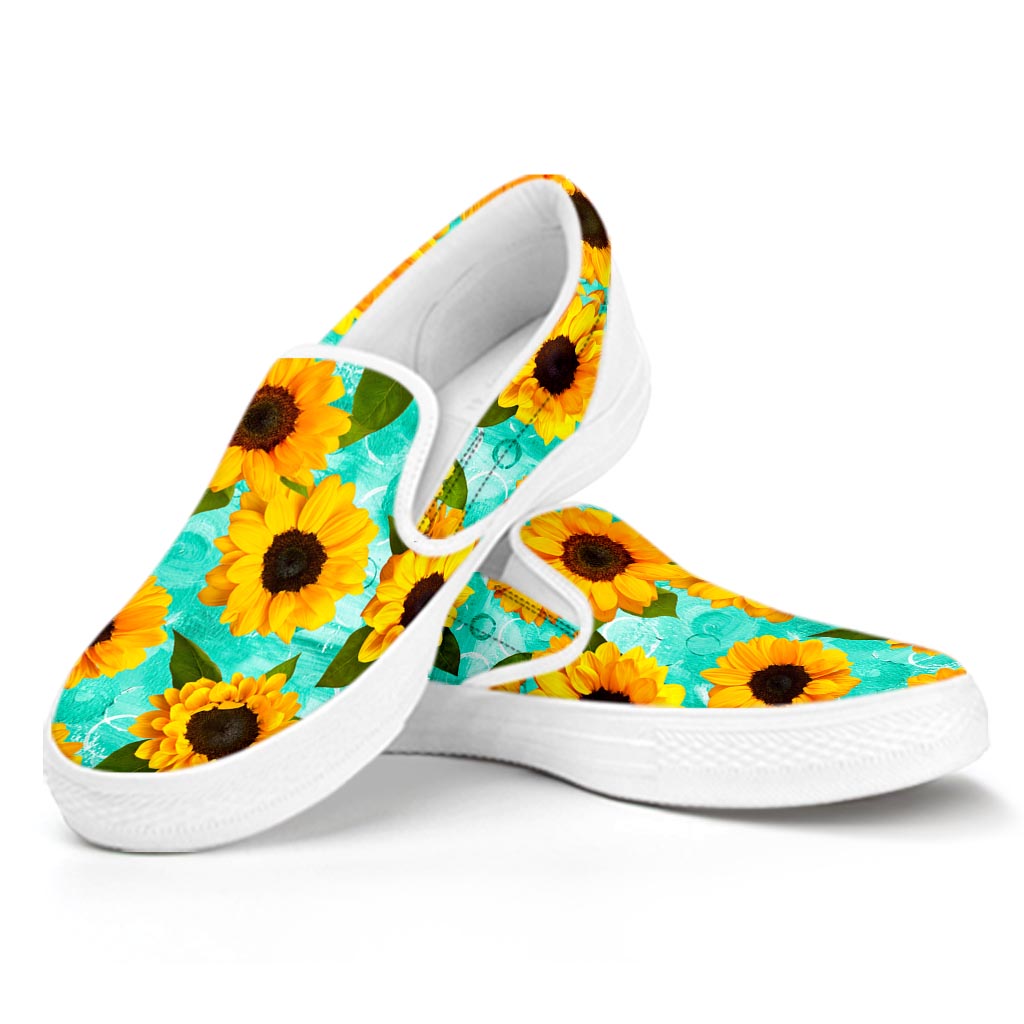 Bright Sunflower Pattern Print White Slip On Sneakers