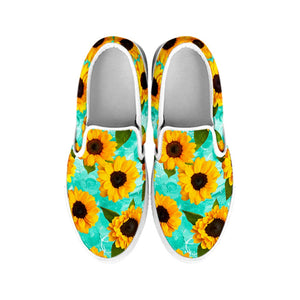 Bright Sunflower Pattern Print White Slip On Sneakers