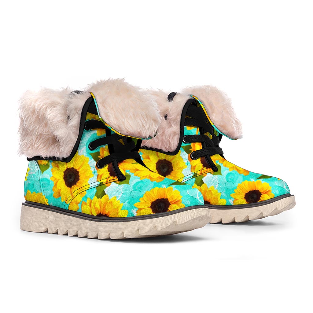 Bright Sunflower Pattern Print Winter Boots