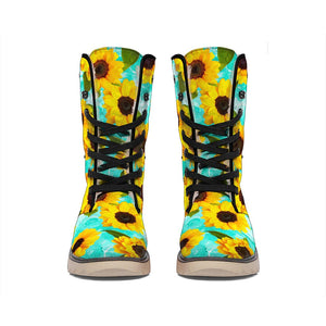 Bright Sunflower Pattern Print Winter Boots