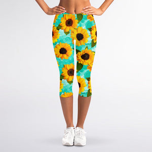 Bright Sunflower Pattern Print Women's Capri Leggings