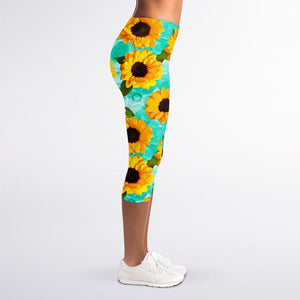 Bright Sunflower Pattern Print Women's Capri Leggings