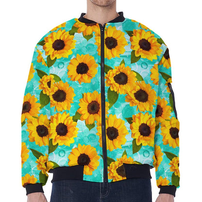 Bright Sunflower Pattern Print Zip Sleeve Bomber Jacket