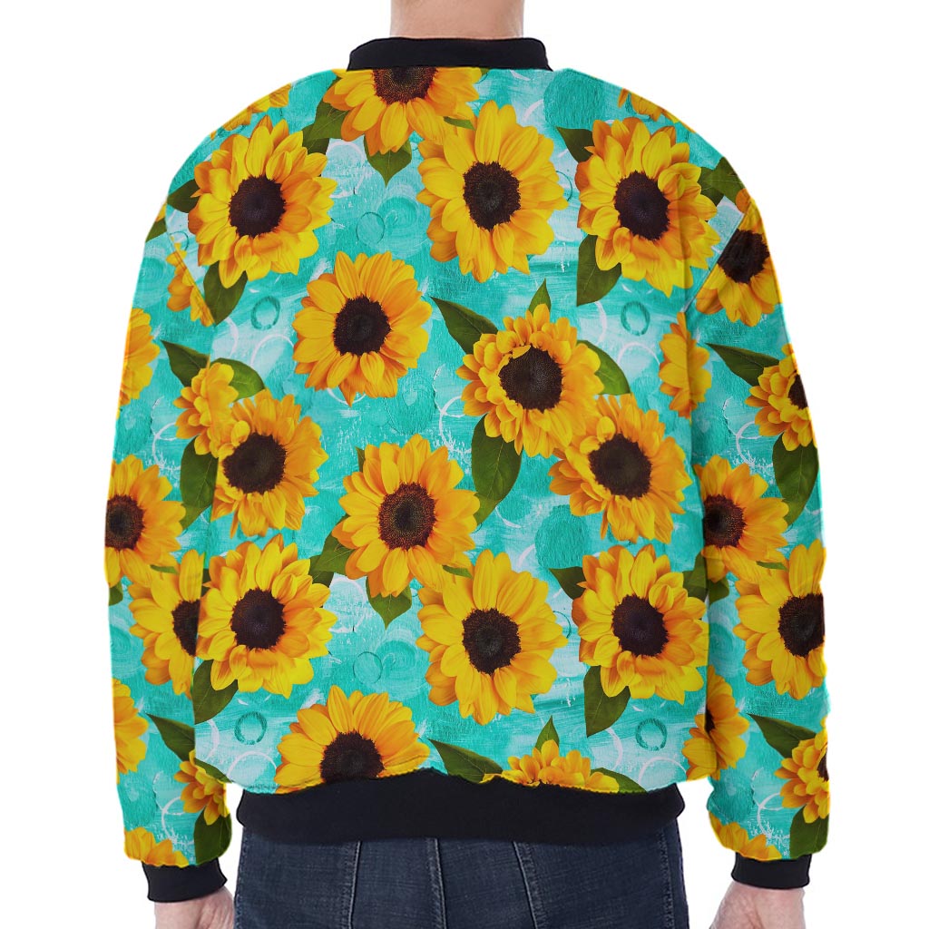 Bright Sunflower Pattern Print Zip Sleeve Bomber Jacket