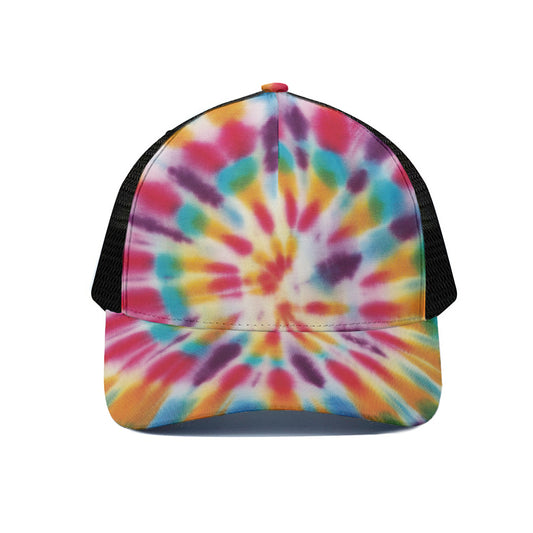 Bright Swirl Tie Dye Print Black Mesh Trucker Cap
